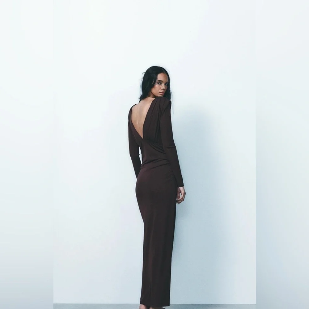 BNWT Zara Chocolate Long Dress with Shoulder Pads – Size M - Picture 2 of 16